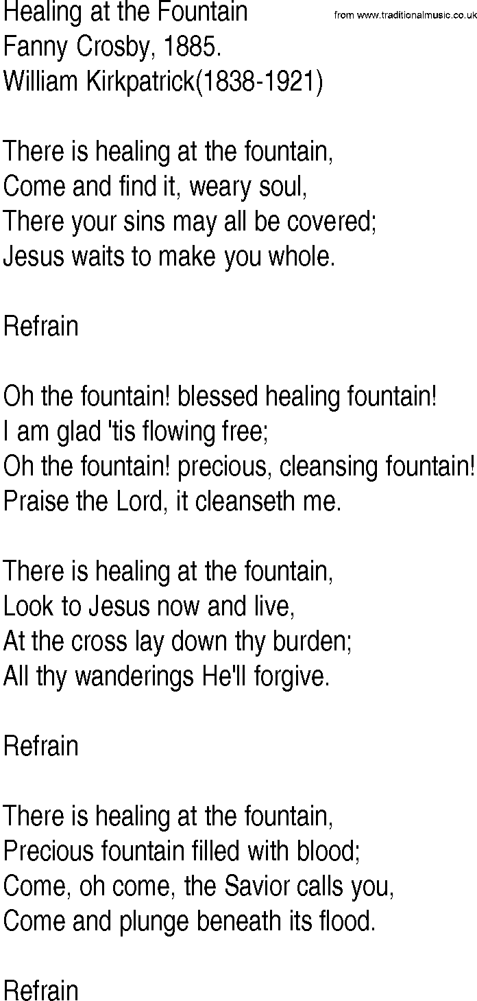 Hymn and Gospel Song: Healing at the Fountain by Fanny Crosby lyrics