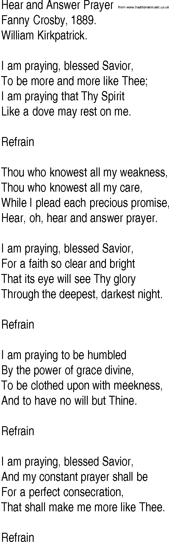 Hymn and Gospel Song: Hear and Answer Prayer by Fanny Crosby lyrics