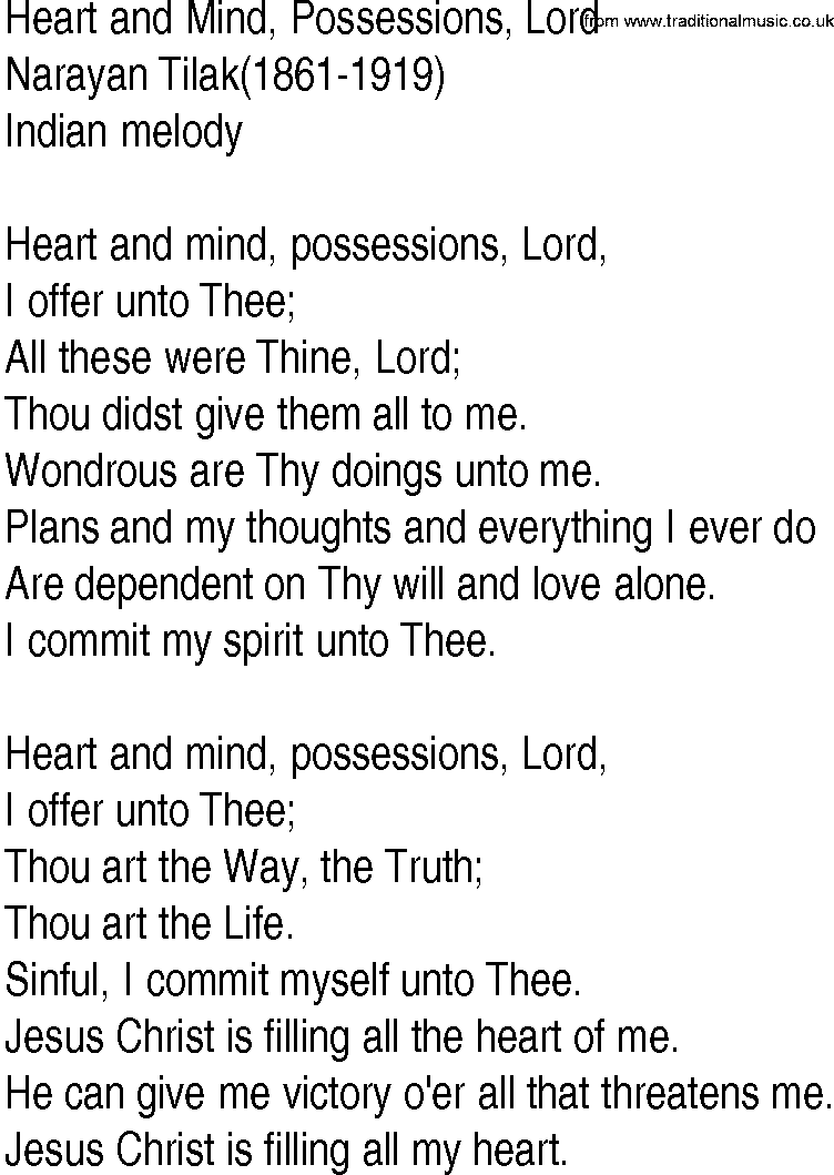 Hymn and Gospel Song: Heart and Mind, Possessions, Lord by Narayan Tilak lyrics