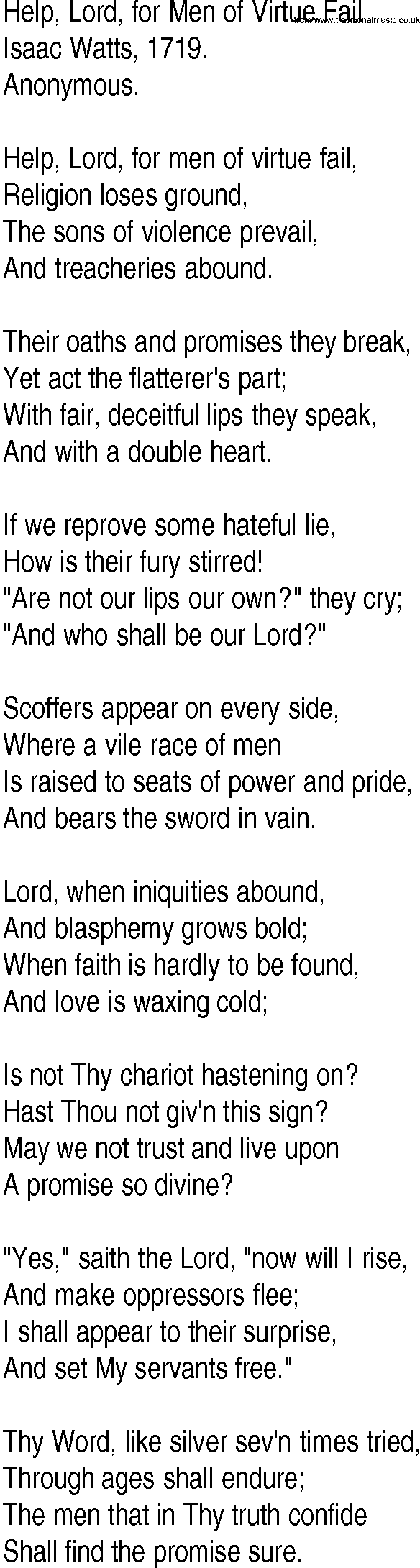 Hymn and Gospel Song: Help, Lord, for Men of Virtue Fail by Isaac Watts lyrics