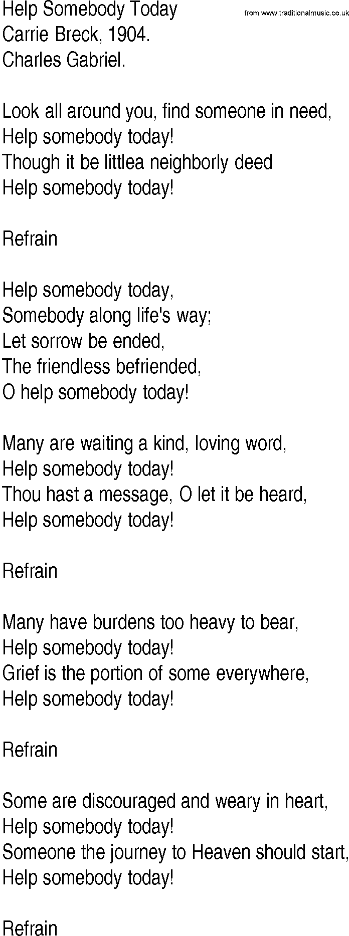 Hymn and Gospel Song: Help Somebody Today by Carrie Breck lyrics