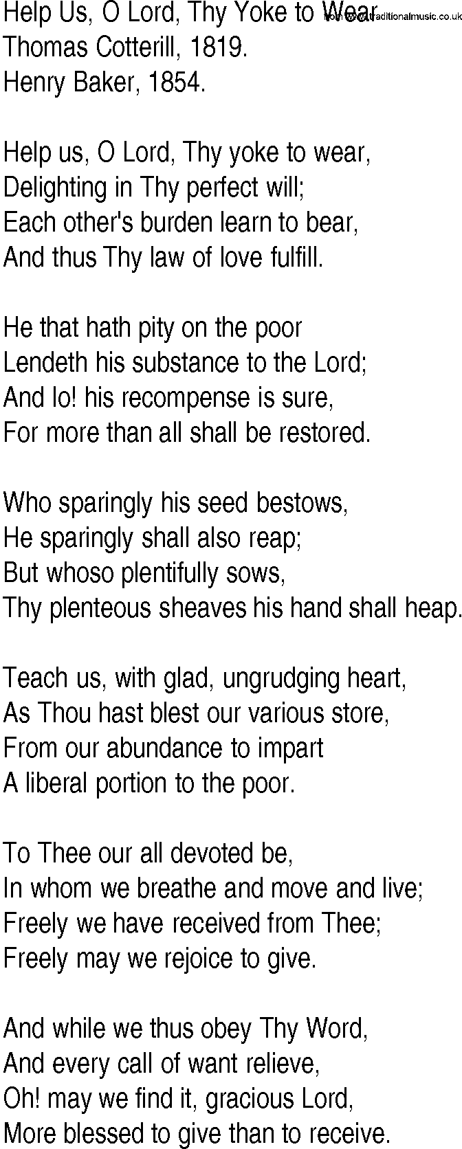 Hymn and Gospel Song: Help Us, O Lord, Thy Yoke to Wear by Thomas Cotterill lyrics