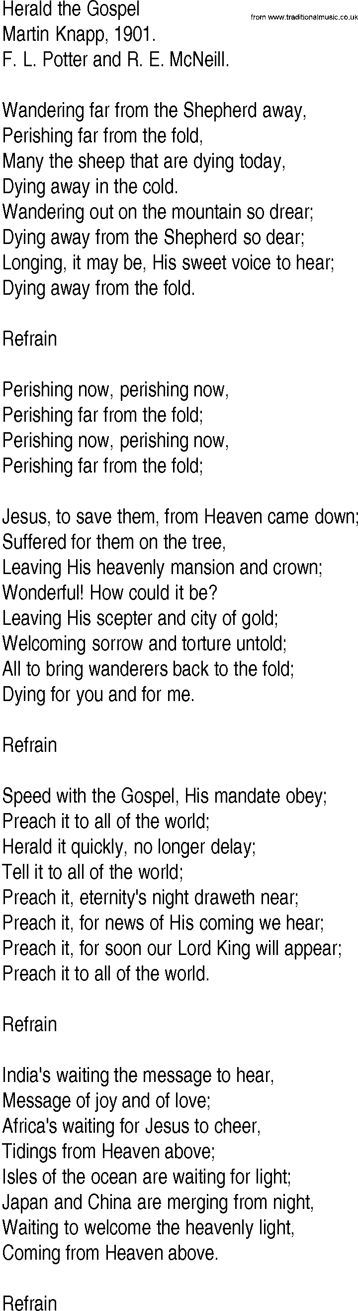 Hymn and Gospel Song: Herald the Gospel by Martin Knapp lyrics