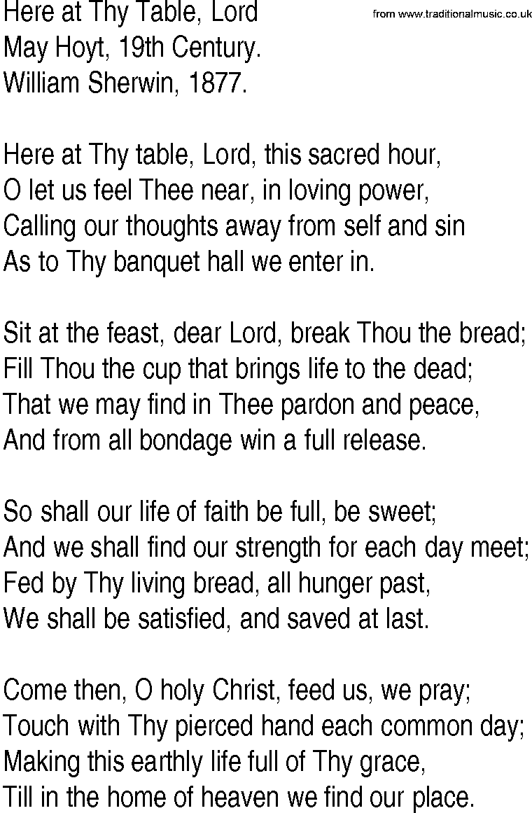 Hymn and Gospel Song: Here at Thy Table, Lord by May Hoyt th Century lyrics