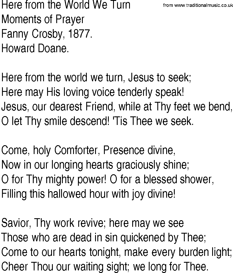Hymn and Gospel Song: Here from the World We Turn by Fanny Crosby lyrics