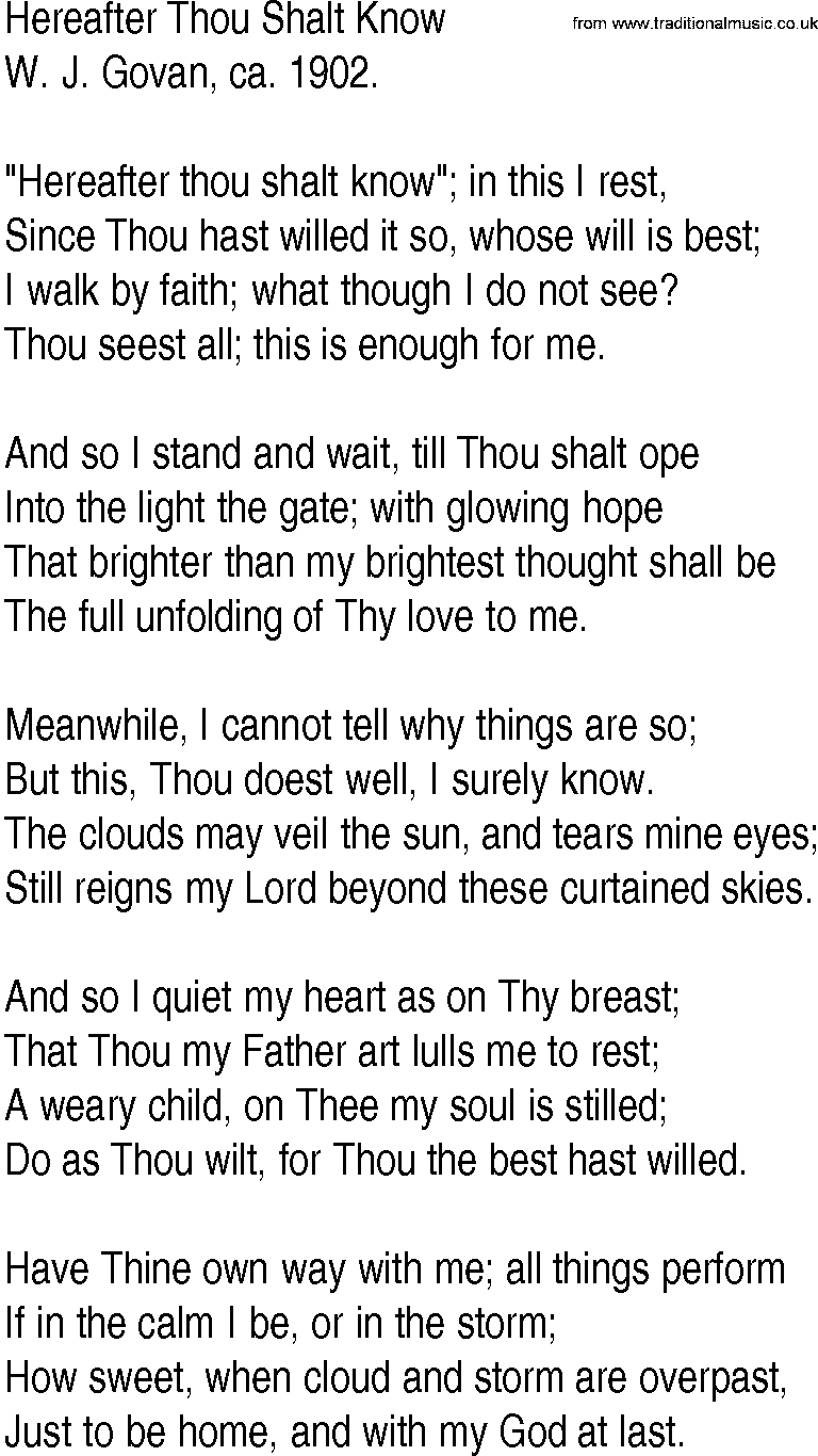 Hymn and Gospel Song: Hereafter Thou Shalt Know by W J Govan ca lyrics