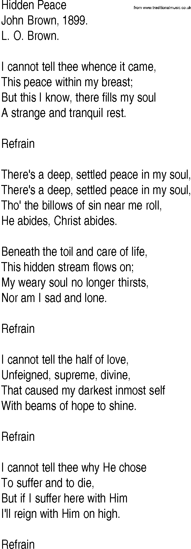 Hymn and Gospel Song: Hidden Peace by John Brown lyrics