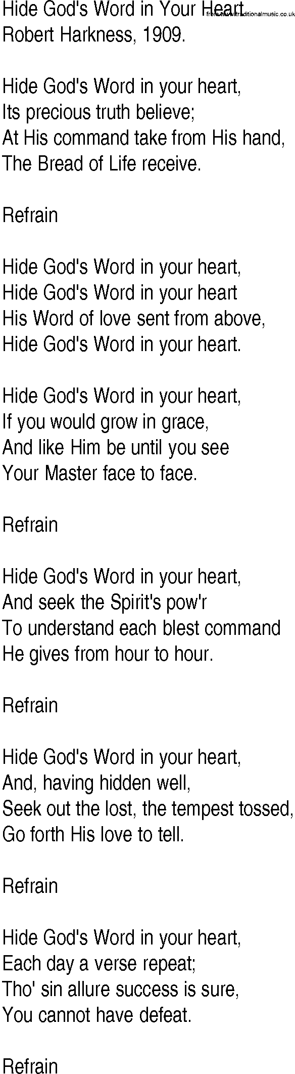 Hymn and Gospel Song: Hide God's Word in Your Heart by Robert Harkness lyrics