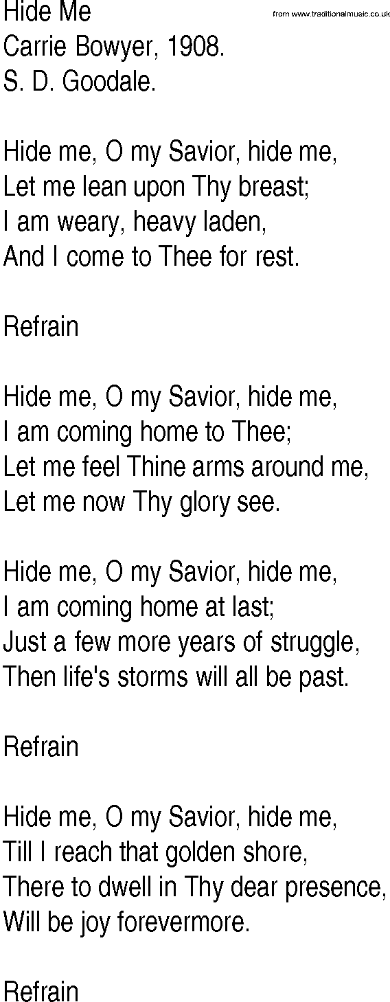 Hymn and Gospel Song: Hide Me by Carrie Bowyer lyrics