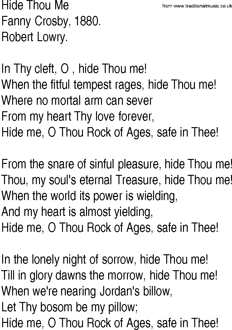 Hymn and Gospel Song: Hide Thou Me by Fanny Crosby lyrics