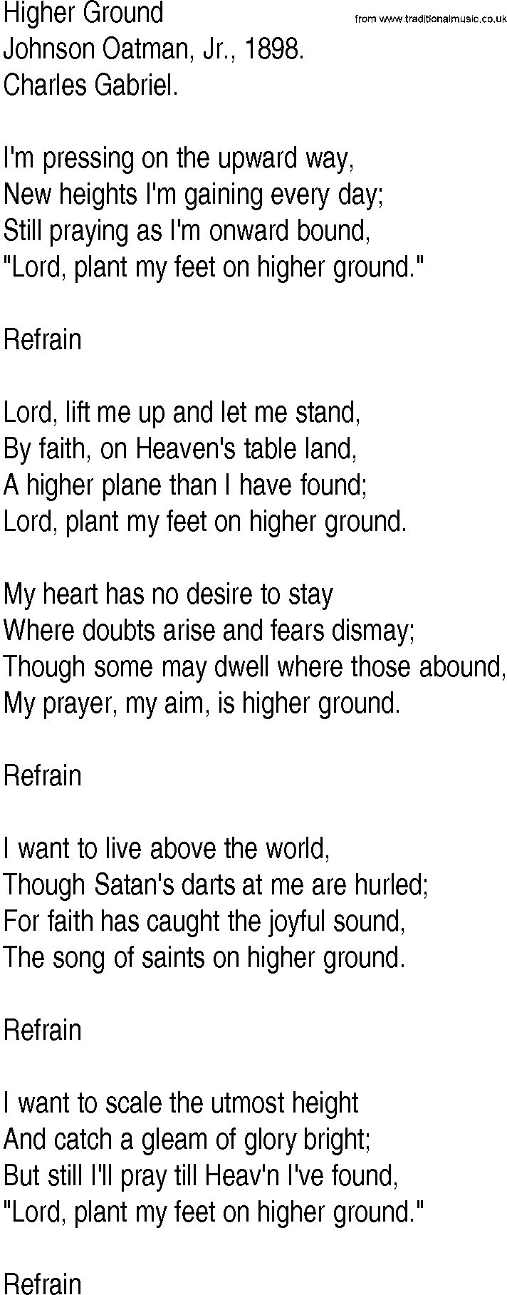 Hymn and Gospel Song: Higher Ground by Johnson Oatman Jr lyrics