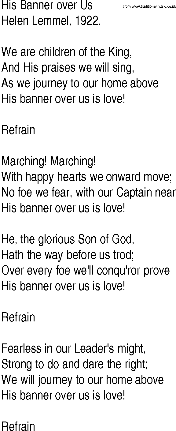 Hymn and Gospel Song: His Banner over Us by Helen Lemmel lyrics