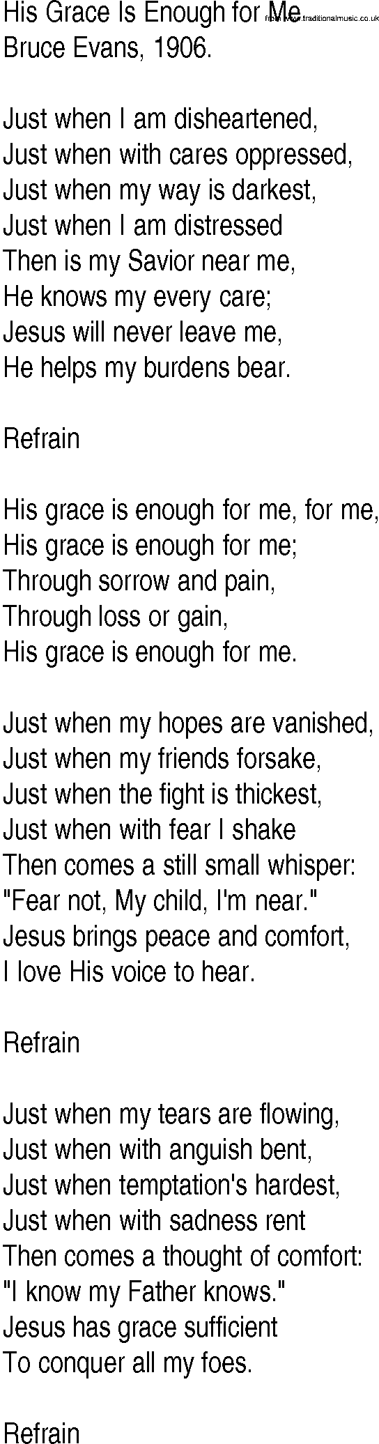 Hymn and Gospel Song: His Grace Is Enough for Me by Bruce Evans lyrics