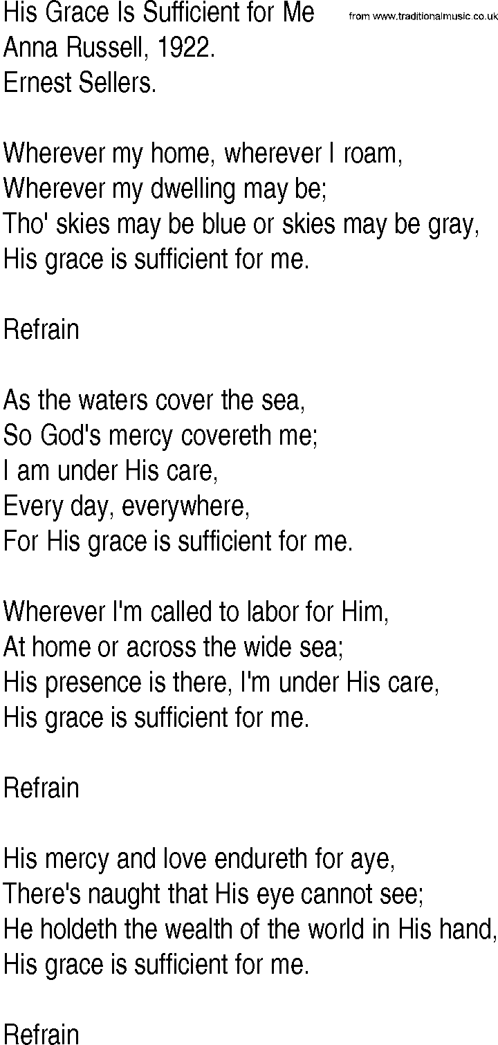 Hymn and Gospel Song: His Grace Is Sufficient for Me by Anna Russell lyrics