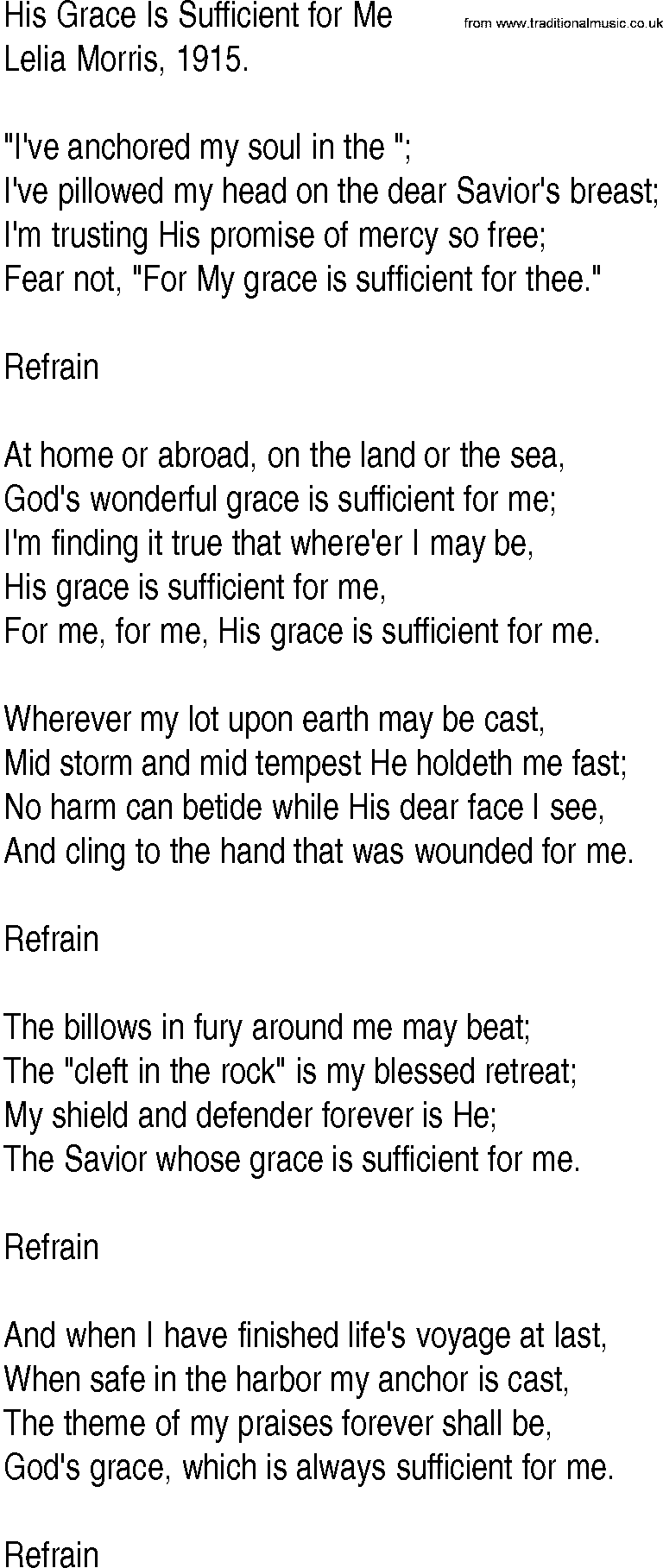 Hymn and Gospel Song: His Grace Is Sufficient for Me by Lelia Morris lyrics