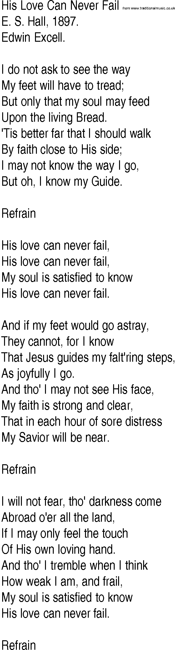 Hymn and Gospel Song: His Love Can Never Fail by E S Hall lyrics
