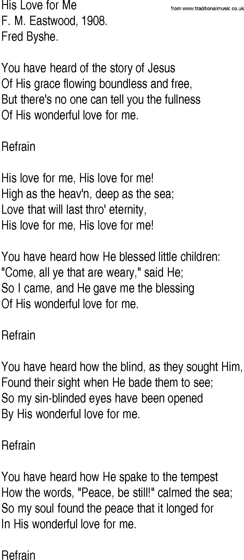 Hymn and Gospel Song: His Love for Me by F M Eastwood lyrics