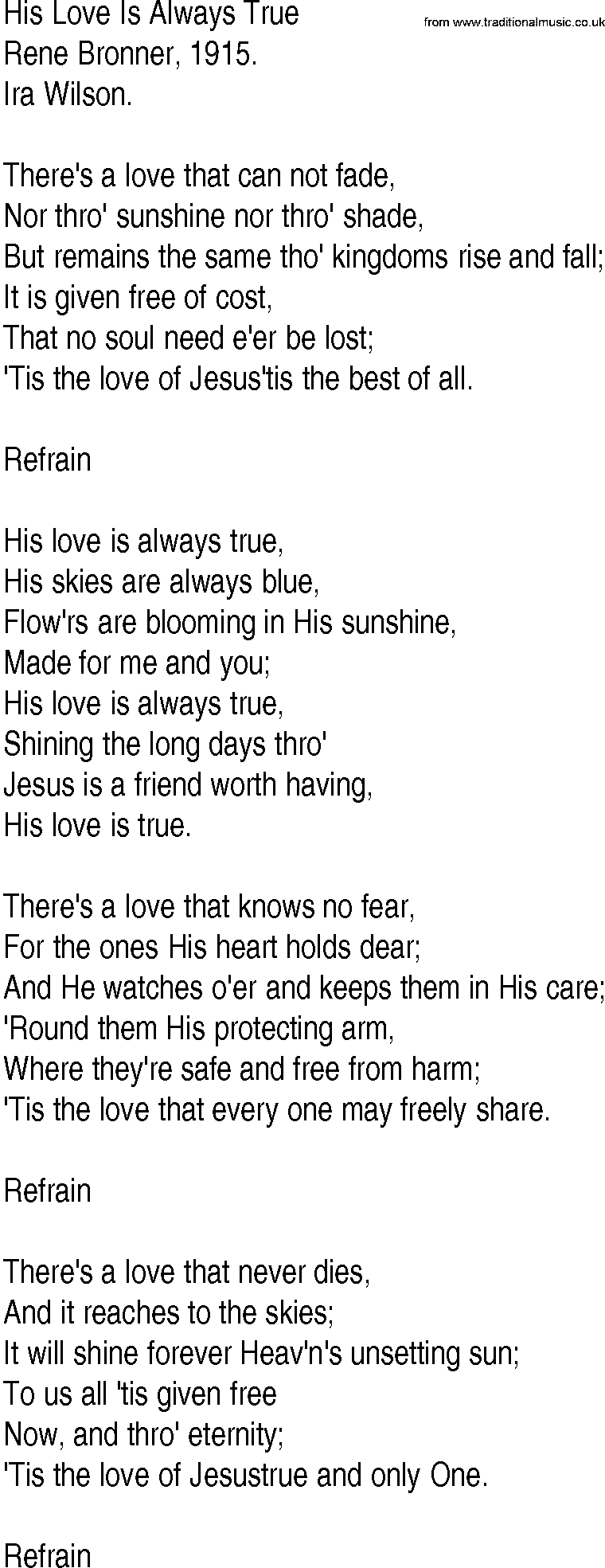Hymn and Gospel Song: His Love Is Always True by Rene Bronner lyrics