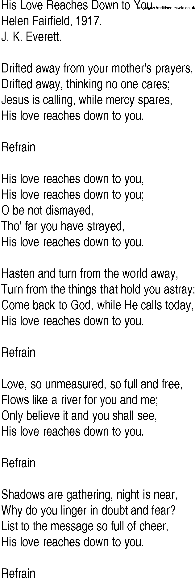 Hymn and Gospel Song: His Love Reaches Down to You by Helen Fairfield lyrics