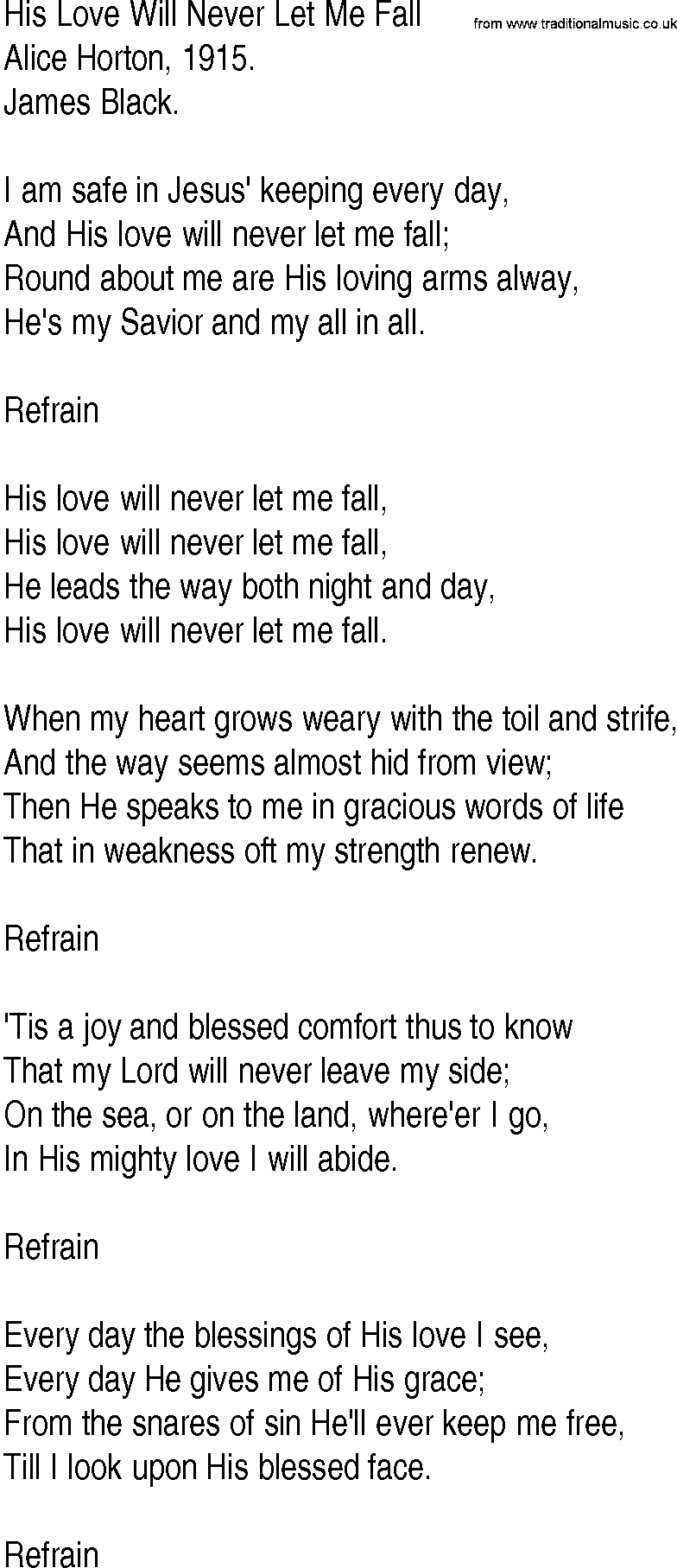 Hymn and Gospel Song: His Love Will Never Let Me Fall by Alice Horton lyrics