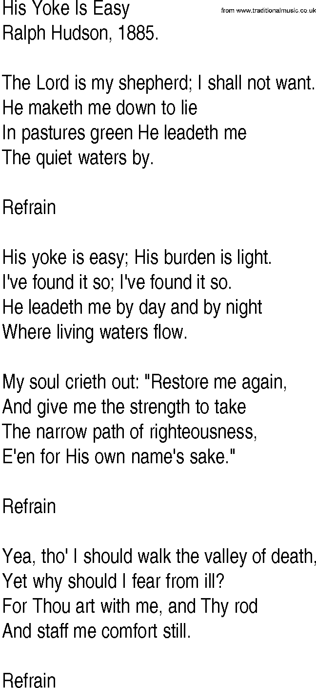 Hymn and Gospel Song: His Yoke Is Easy by Ralph Hudson lyrics