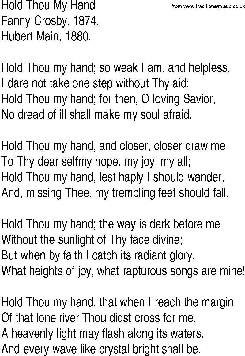 Hymn and Gospel Song: Hold Thou My Hand by Fanny Crosby lyrics