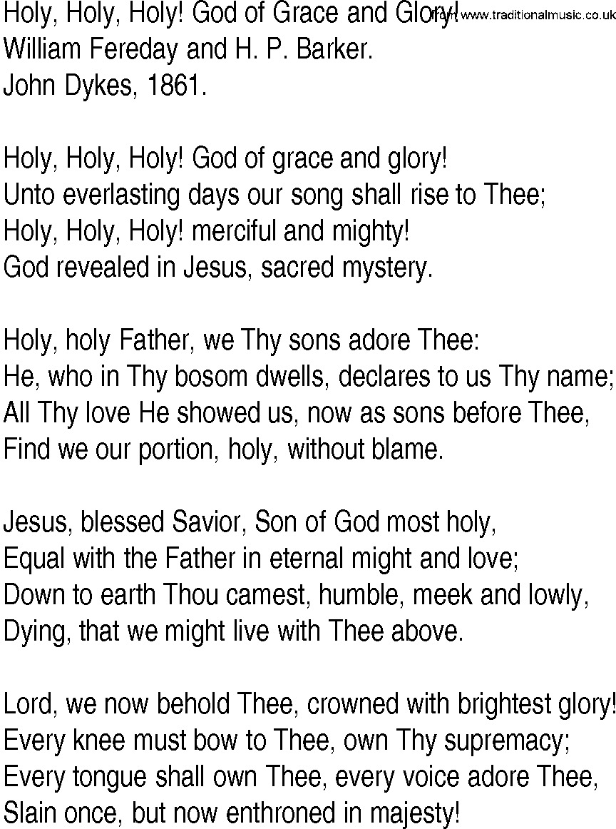 Hymn and Gospel Song: Holy, Holy, Holy! God of Grace and Glory! by William Fereday and H P Barker lyrics
