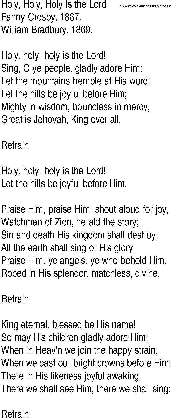 Hymn and Gospel Song: Holy, Holy, Holy Is the Lord by Fanny Crosby lyrics