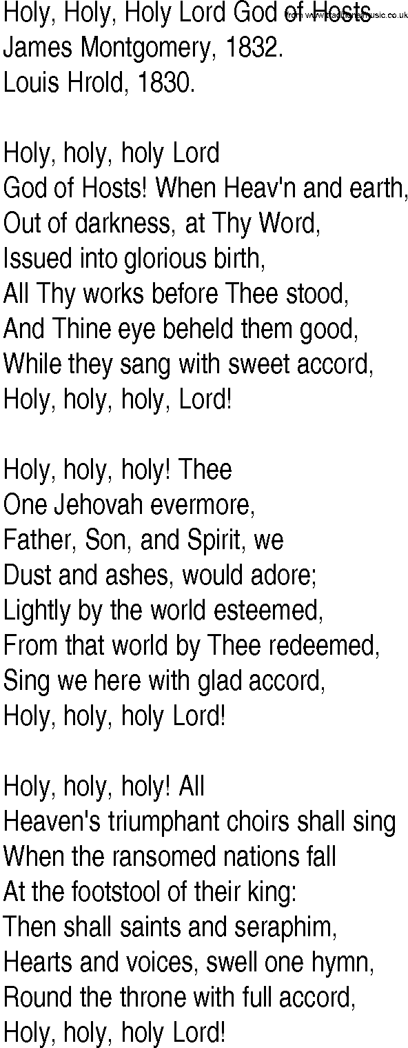 Hymn and Gospel Song: Holy, Holy, Holy Lord God of Hosts by James Montgomery lyrics