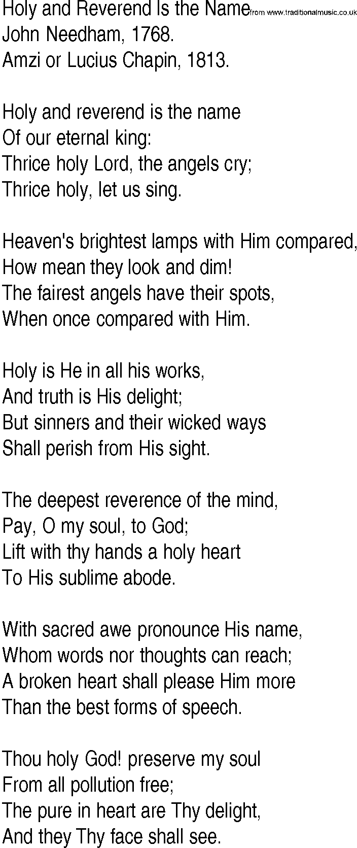 Hymn and Gospel Song: Holy and Reverend Is the Name by John Needham lyrics