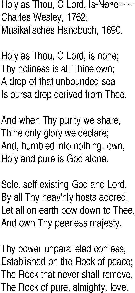 Hymn and Gospel Song: Holy as Thou, O Lord, Is None by Charles Wesley lyrics