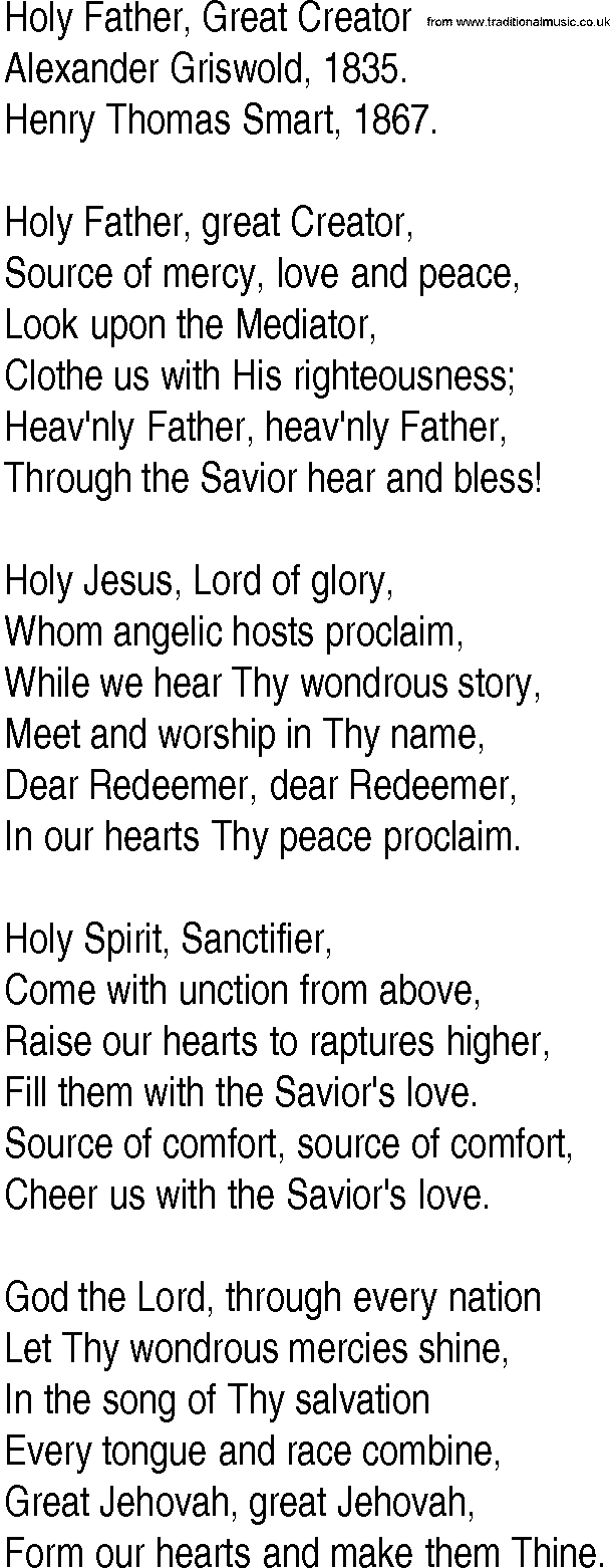 Hymn and Gospel Song: Holy Father, Great Creator by Alexander Griswold lyrics