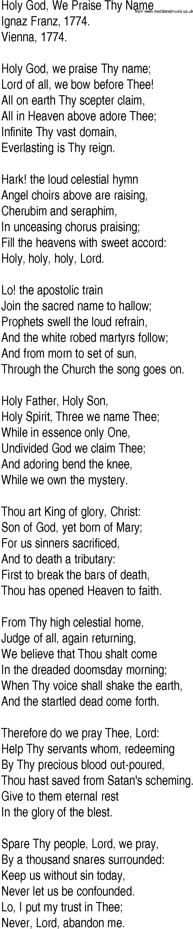 Hymn and Gospel Song: Holy God, We Praise Thy Name by Ignaz Franz lyrics
