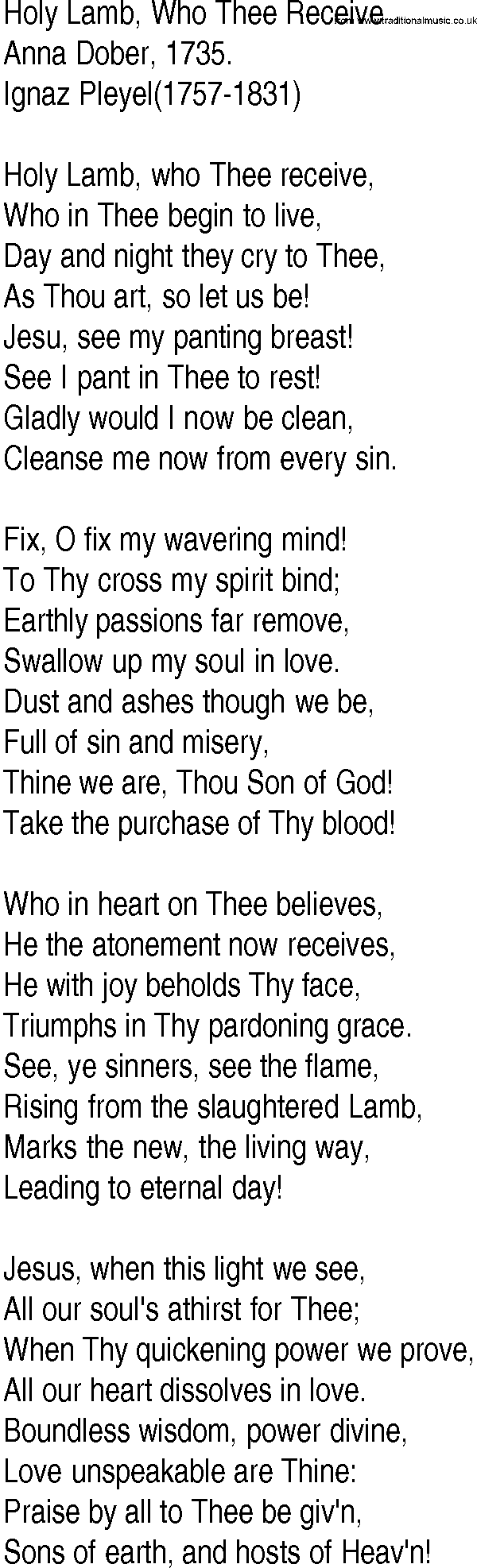 Hymn and Gospel Song: Holy Lamb, Who Thee Receive by Anna Dober lyrics