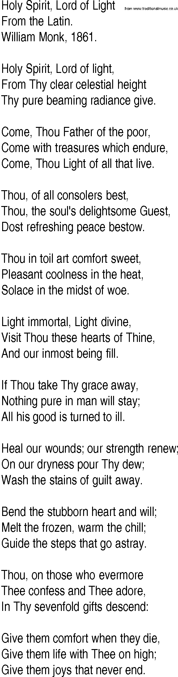 Hymn and Gospel Song: Holy Spirit, Lord of Light by From the Latin lyrics