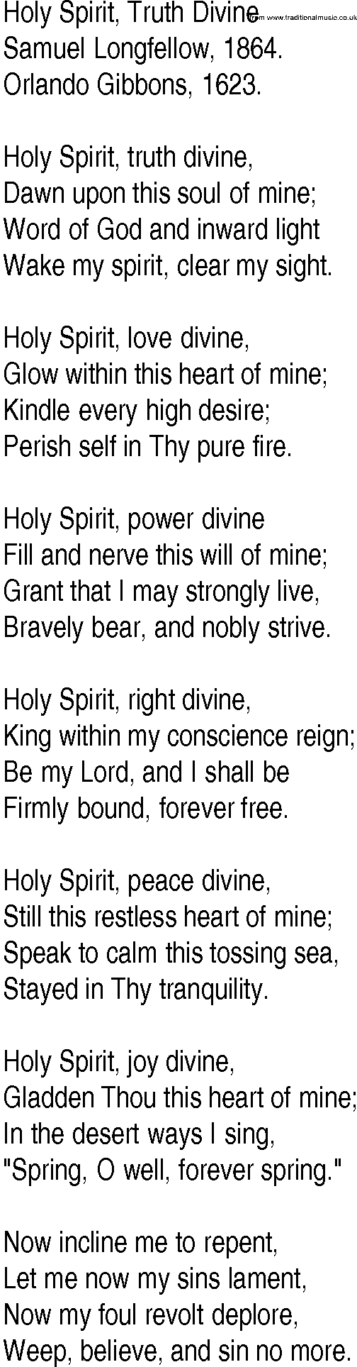 Hymn and Gospel Song: Holy Spirit, Truth Divine by Samuel Longfellow lyrics