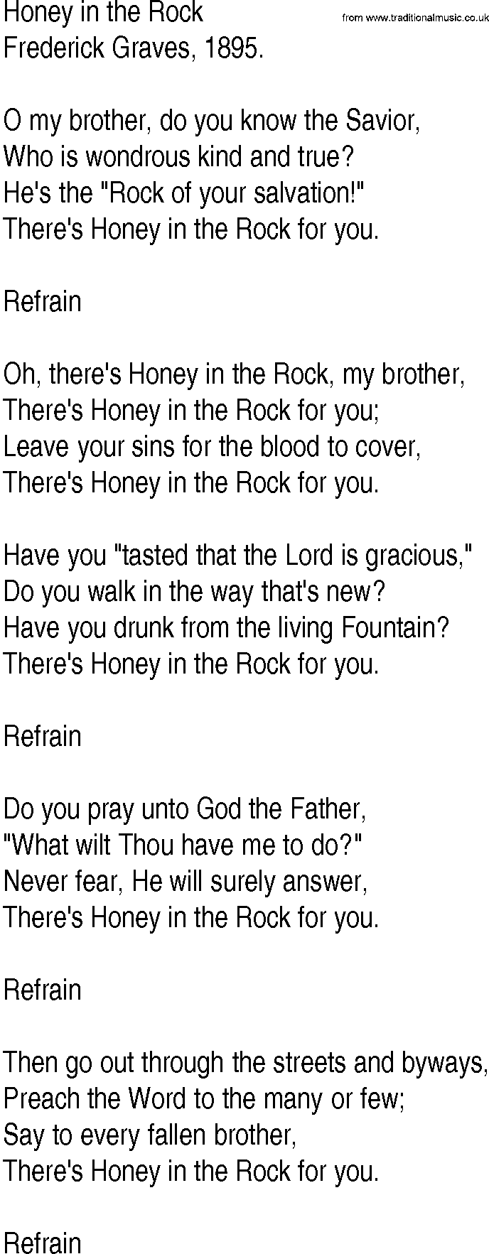 Hymn and Gospel Song: Honey in the Rock by Frederick Graves lyrics