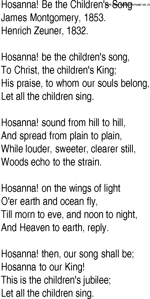 Hymn and Gospel Song: Hosanna! Be the Children's Song by James Montgomery lyrics