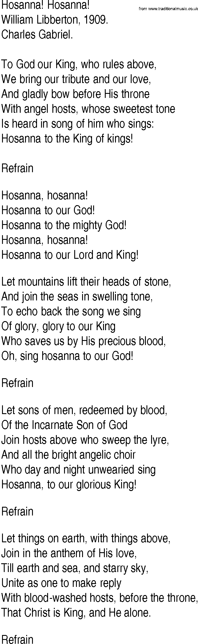 Hymn and Gospel Song: Hosanna! Hosanna! by William Libberton lyrics