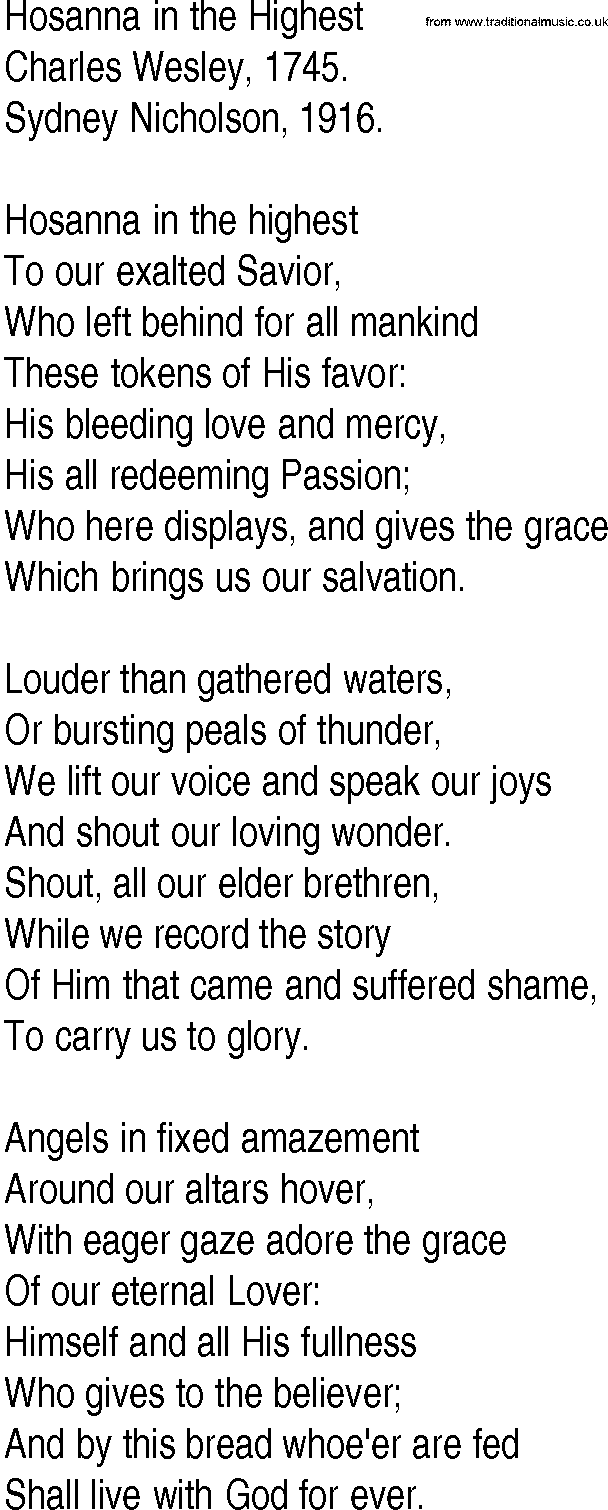 Hymn And Gospel Song Lyrics For Hosanna In The Highest By Charles Wesley