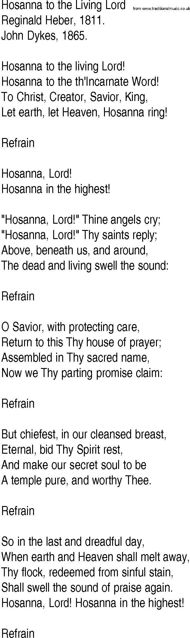 Hymn and Gospel Song: Hosanna to the Living Lord by Reginald Heber lyrics