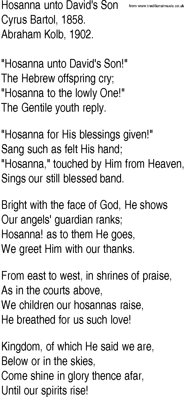 Hymn and Gospel Song: Hosanna unto David's Son by Cyrus Bartol lyrics