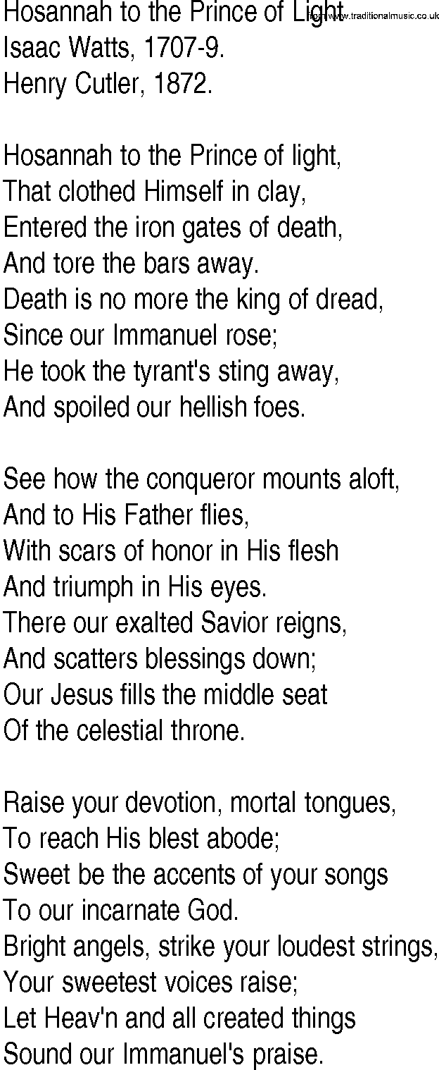 Hymn and Gospel Song: Hosannah to the Prince of Light by Isaac Watts lyrics
