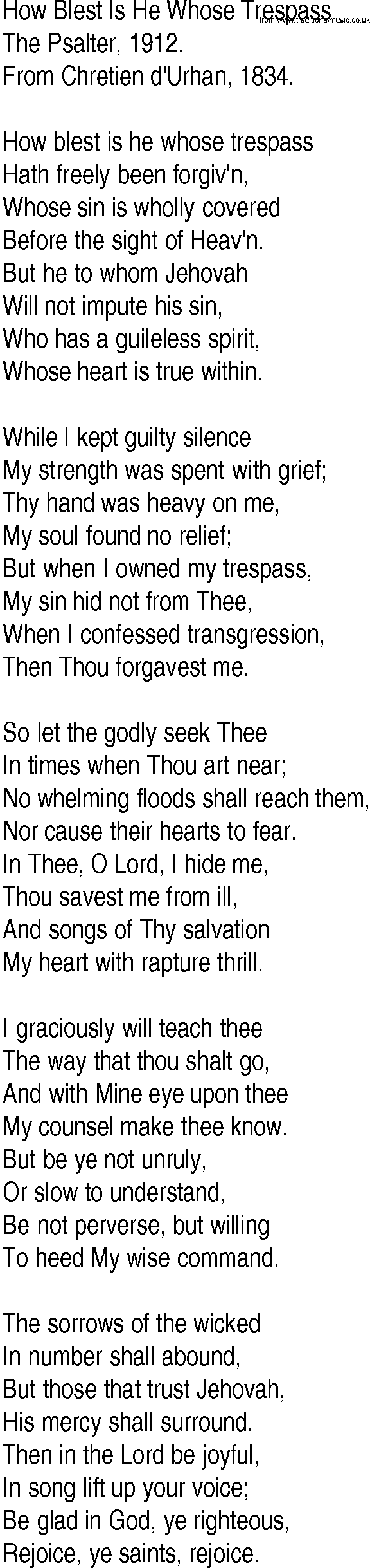 Hymn and Gospel Song: How Blest Is He Whose Trespass by The Psalter lyrics