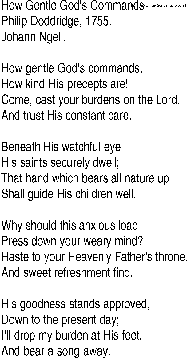 Hymn and Gospel Song: How Gentle God's Commands by Philip Doddridge lyrics