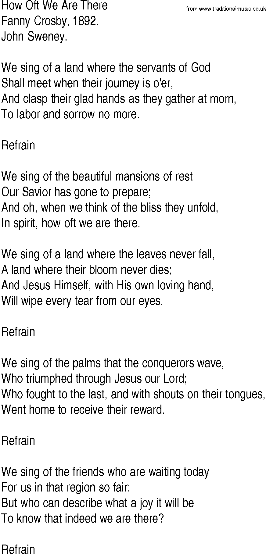 Hymn and Gospel Song: How Oft We Are There by Fanny Crosby lyrics
