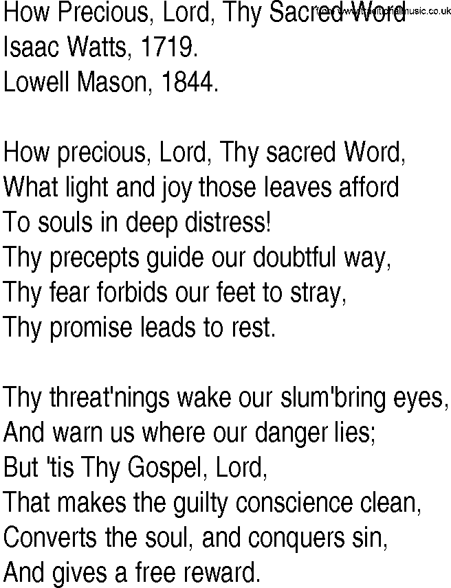 Hymn and Gospel Song: How Precious, Lord, Thy Sacred Word by Isaac Watts lyrics