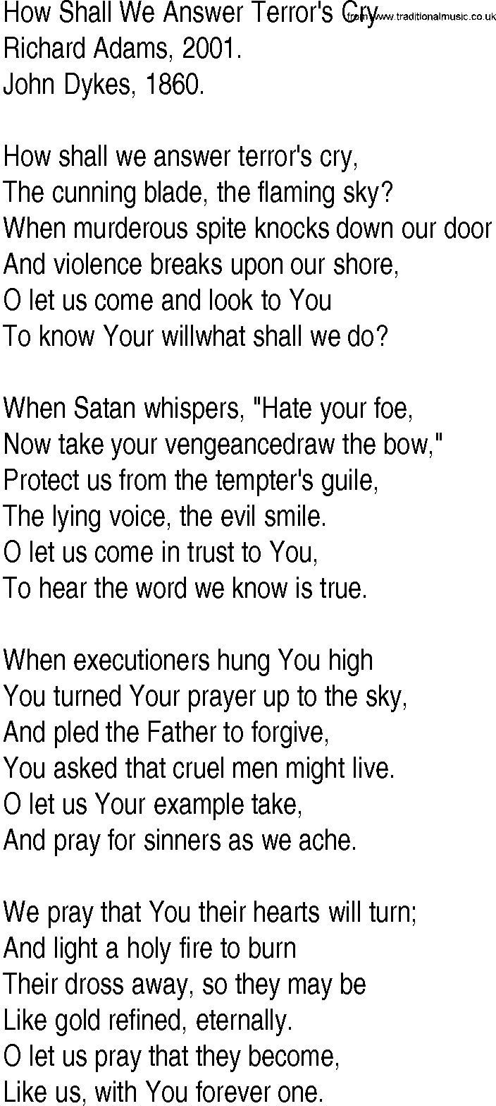 Hymn and Gospel Song: How Shall We Answer Terror's Cry by Richard Adams lyrics