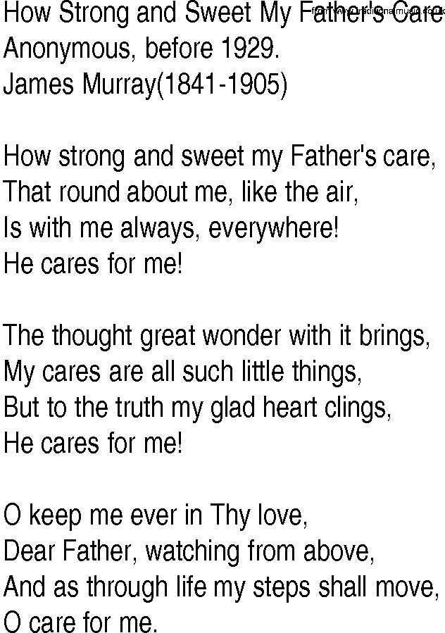 Hymn and Gospel Song: How Strong and Sweet My Father's Care by Anonymous before lyrics