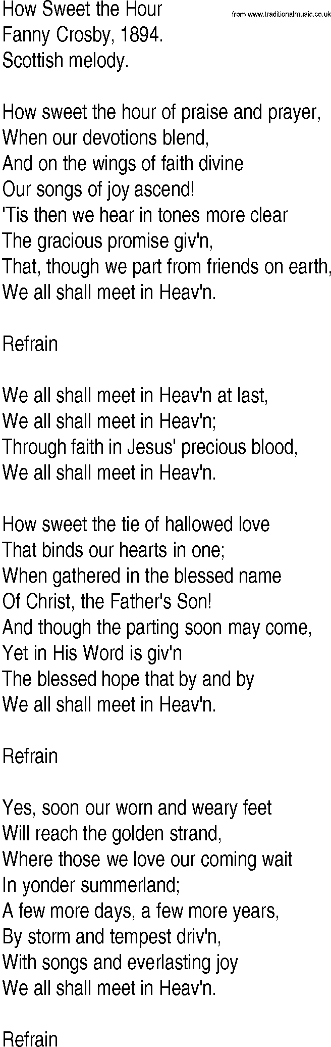 Hymn and Gospel Song: How Sweet the Hour by Fanny Crosby lyrics